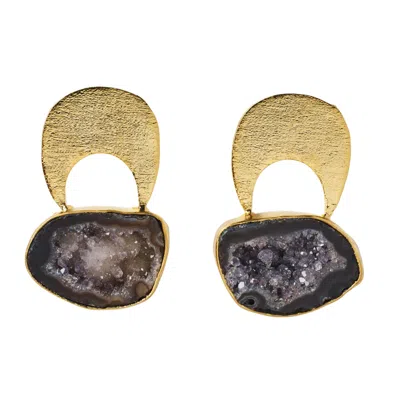 Yaa Yaa London Women's Black / Grey / Gold Quietly Confident Black Grey Agate Crystal Earrings In Multi