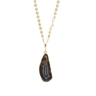 Yaa Yaa London Women's Black / Grey / Gold Ultra Black Grey Agate Super-long Gold Pendant Necklace In Multi