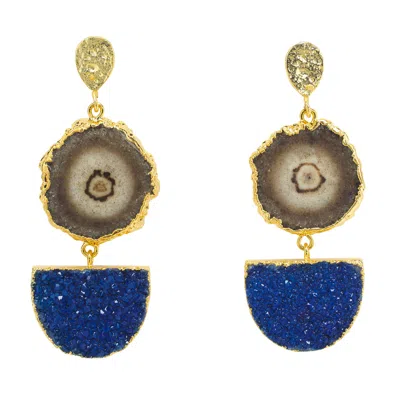 Yaa Yaa London Women's Blue / Grey Navy Blue Grey Gemstone Gold Statement Earrings In Gray