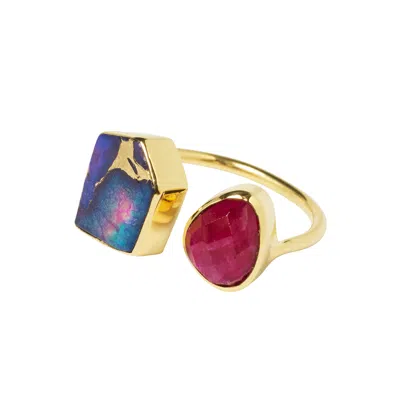 Yaa Yaa London Women's Colour Fusion Adjustable Ring - Pink Copper Turquoise / Ruby Sillimanite
