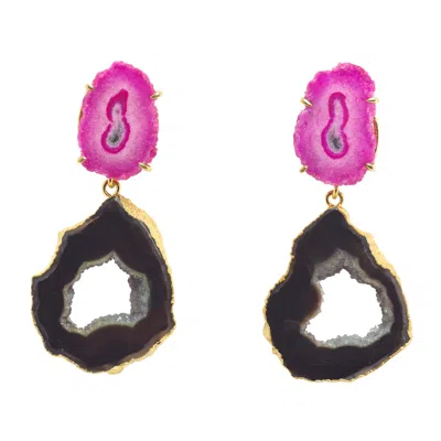 Yaa Yaa London Women's 'dark Love' Black Pink Gemstone Gold Statement Earrings