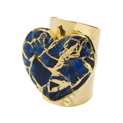 Yaa Yaa London Women's Gold / Blue Molten Heart Longline Navy Blue Stone Gold Adjustable Ring In Multi