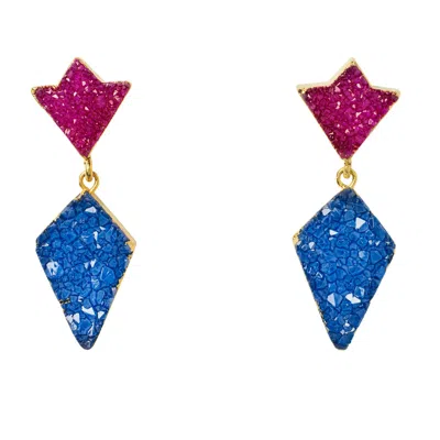 Yaa Yaa London Women's Gold / Blue / Yellow Princess Berry Blue Druzy Gold Earrings In Multi