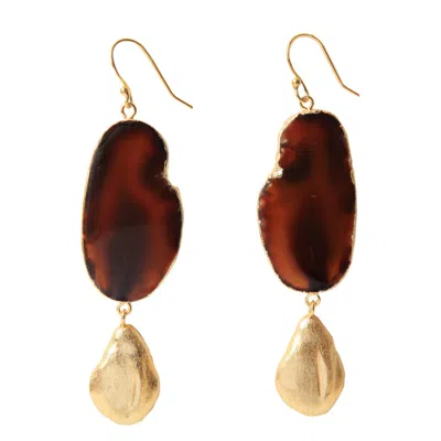 Yaa Yaa London Women's Gold / Brown / Neutrals Hold The Baby Brown Agate Statement Earrings