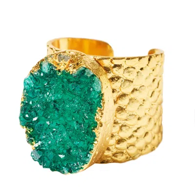 Yaa Yaa London Women's Gold / Green Green Crystal Crush Semi-precious Statement Ring In Multi