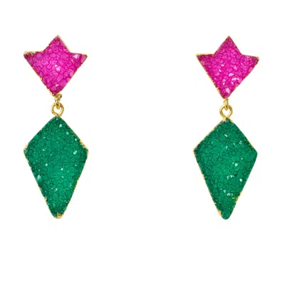 Yaa Yaa London Women's Gold / Green / Pink Princess Pink Green Druzy Gold Earrings In Multi