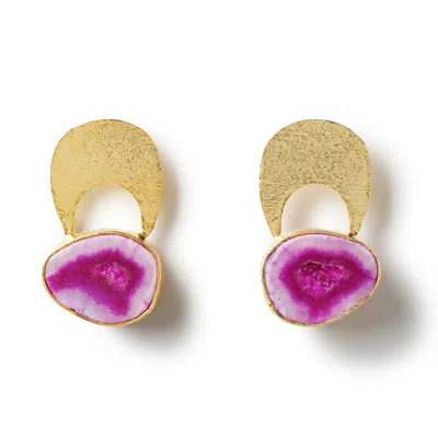Yaa Yaa London Women's Gold / Pink Quietly Confident Fuchsia Agate Crystal Gold Earrings In Multi