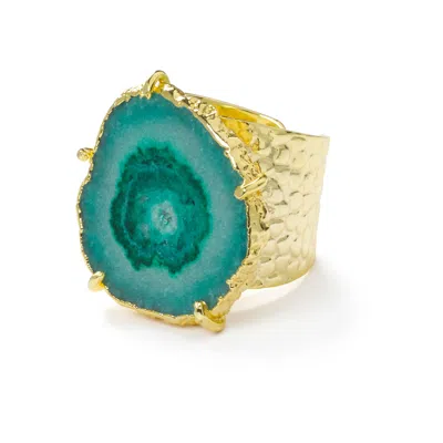 Yaa Yaa London Women's Green Gemstone 'solar Power' Gold Adjustable Statement Ring