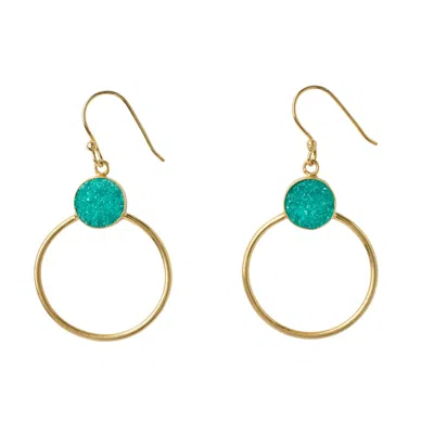 Yaa Yaa London Women's Green / Gold Colour Pop Green Druzy Gold Hoop Earrings In Multi