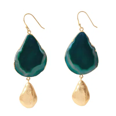 Yaa Yaa London Women's Green / Gold Hold The Baby Green Agate Statement Earrings In Multi