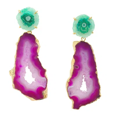 Yaa Yaa London Women's Green / Pink Purple Green Gemstone 'summer Love' Gold Statement Earrings In Multi