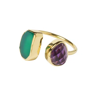 Yaa Yaa London Women's Green / Purple Colour Fusion Adjustable Ring - Amethyst & Green Onyx In Multi