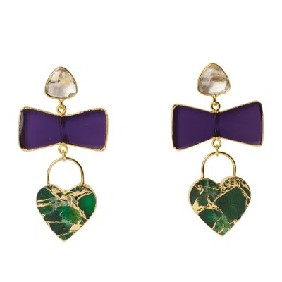 Yaa Yaa London Women's Green / Purple / Gold Molten Heart Earrings Purple Green In Multi