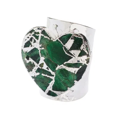 Yaa Yaa London Women's Green / Silver Molten Heart Longline Green Stone Silver Adjustable Ring