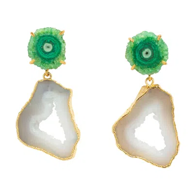 Yaa Yaa London Women's Green / White Green White Crystal Gemstone Gold 'summer Love' Statement Earrings In Multi