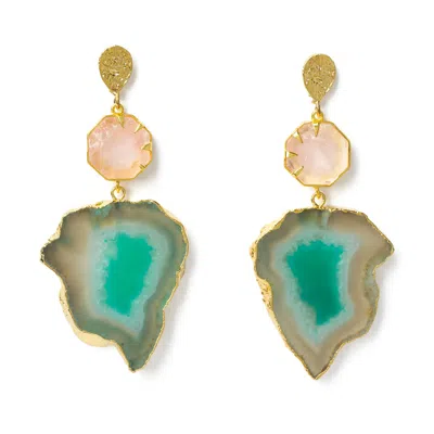 Yaa Yaa London Women's 'hold On' Rose Quartz Green Agate Gemstone Statement Earrings