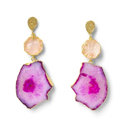 Yaa Yaa London Women's 'hold On' Rose Quartz Pink Agate Gemstone Gold Statement Earrings