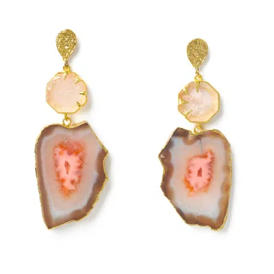 Yaa Yaa London Women's Neutrals 'hold On' Rose Quartz Agate Gemstone Gold Statement Earrings In Yellow