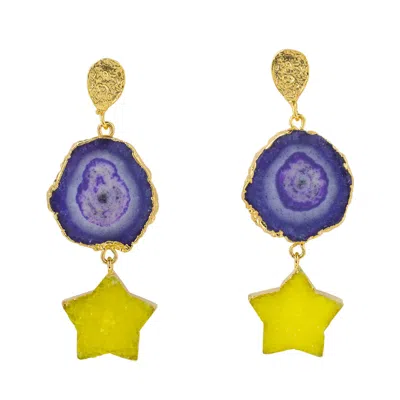 Yaa Yaa London Women's 'night Sky' Purple Yellow Star Gold Gemstone Statement Earrings