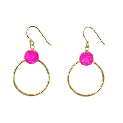Yaa Yaa London Women's Pink / Purple / Gold Colour Pop Hot Pink Druzy Gold Hoop Earrings