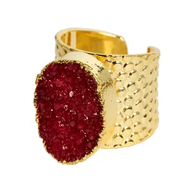 Yaa Yaa London Women's Red / Gold Red Crystal Crush Semi Precious Gold Adjustable Statement Ring In Multi