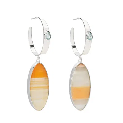 Yaa Yaa London Women's Silver / Orange / Blue Amber Orange Oval Drop Pendant Sterling Silver Hoop Earrings