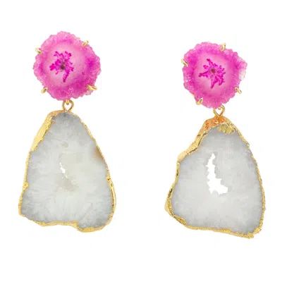 Yaa Yaa London Women's White / Pink 'summer Love' Pink White Crystal Gemstone Gold Earrings In Multi