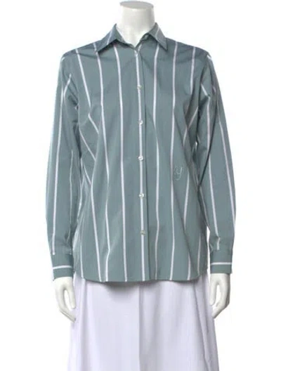 Pre-owned Yaitte Striped Long Sleeve Button-up Top In Blue
