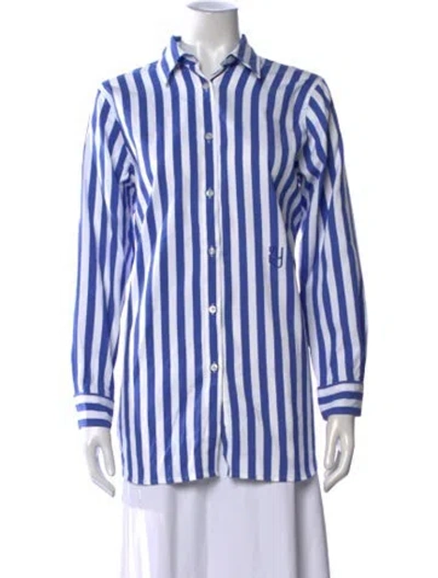 Pre-owned Yaitte Striped Long Sleeve Button-up Top In Blue