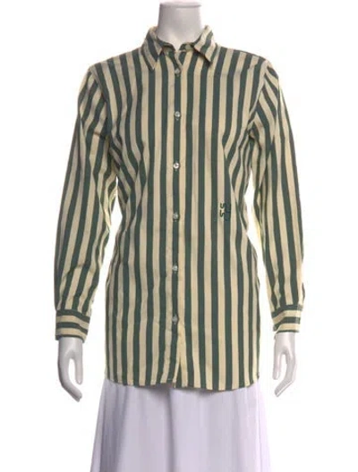 Pre-owned Yaitte Striped Long Sleeve Button-up Top In Blue/neutrals