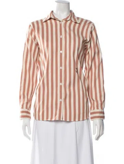 Pre-owned Yaitte Striped Long Sleeve Button-up Top In Brown/neutrals