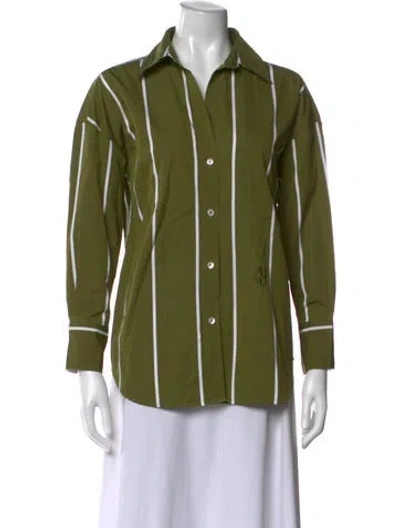 Pre-owned Yaitte Striped Long Sleeve Button-up Top In Green