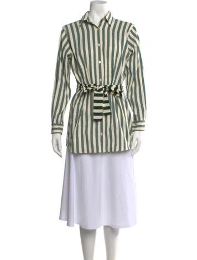 Pre-owned Yaitte Striped Long Sleeve Button-up Top In Green