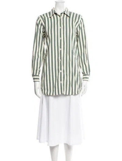 Pre-owned Yaitte Striped Long Sleeve Button-up Top In Green/neutrals