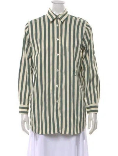 Pre-owned Yaitte Striped Long Sleeve Button-up Top In Green/neutrals