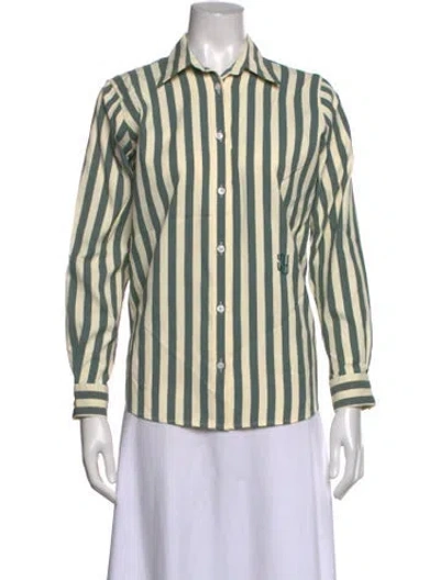 Pre-owned Yaitte Striped Long Sleeve Button-up Top In Green/neutrals