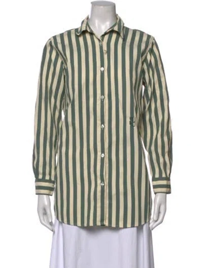 Pre-owned Yaitte Striped Long Sleeve Button-up Top In Green/neutrals