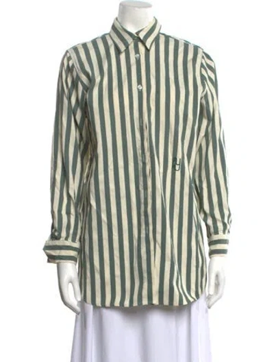 Pre-owned Yaitte Striped Long Sleeve Button-up Top In Green/neutrals