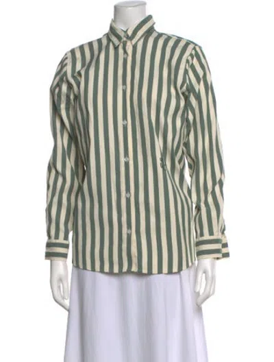 Pre-owned Yaitte Striped Long Sleeve Button-up Top In Green/neutrals