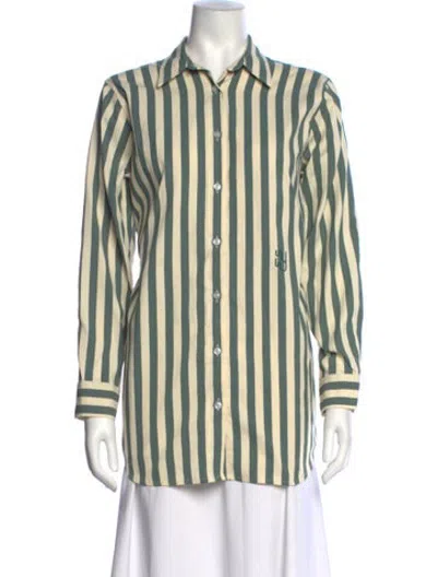 Pre-owned Yaitte Striped Long Sleeve Button-up Top In Green/neutrals