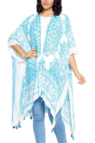Yak & Yeti Boho Floral Tassels Kimono Wrap In Sky
