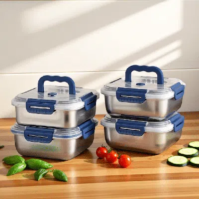 Yakimoto 4 Pcs Extra-large Stainless Steel Food Storage Containers With Blue Lids - Deep Design, Airtight Sea In Silver