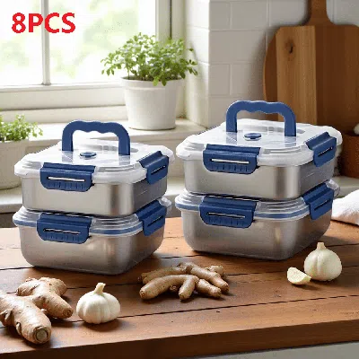 Yakimoto 8 Pcs Extra-large Stainless Steel Food Storage Containers With Blue Lids - Deep Design, Airtight Sea In Transparent