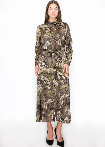 Yal New York Abstract Olive Swirl Belted Dress In Green