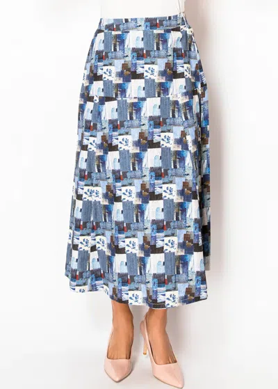 Yal New York Abstract Patchwork Blue Midi Skirt