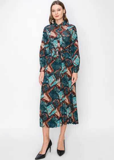 Yal New York Abstract Turquoise Pleated Midi Dress In Multi