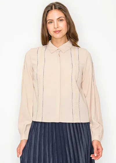 Yal New York Beige Button Blouse With Embroidered Stitching In Multi