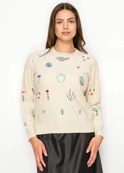 Yal New York Beige Floral Embroidered Knit Sweater In Nude