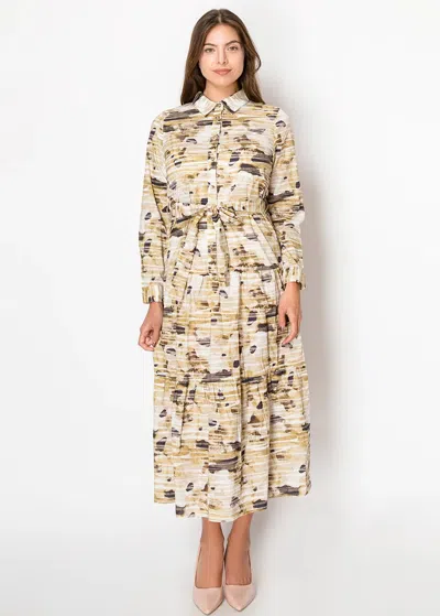 Yal New York Beige Printed Shirt Midi Dress In Multi