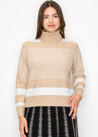 Yal New York Beige Striped Turtleneck Sweater In White